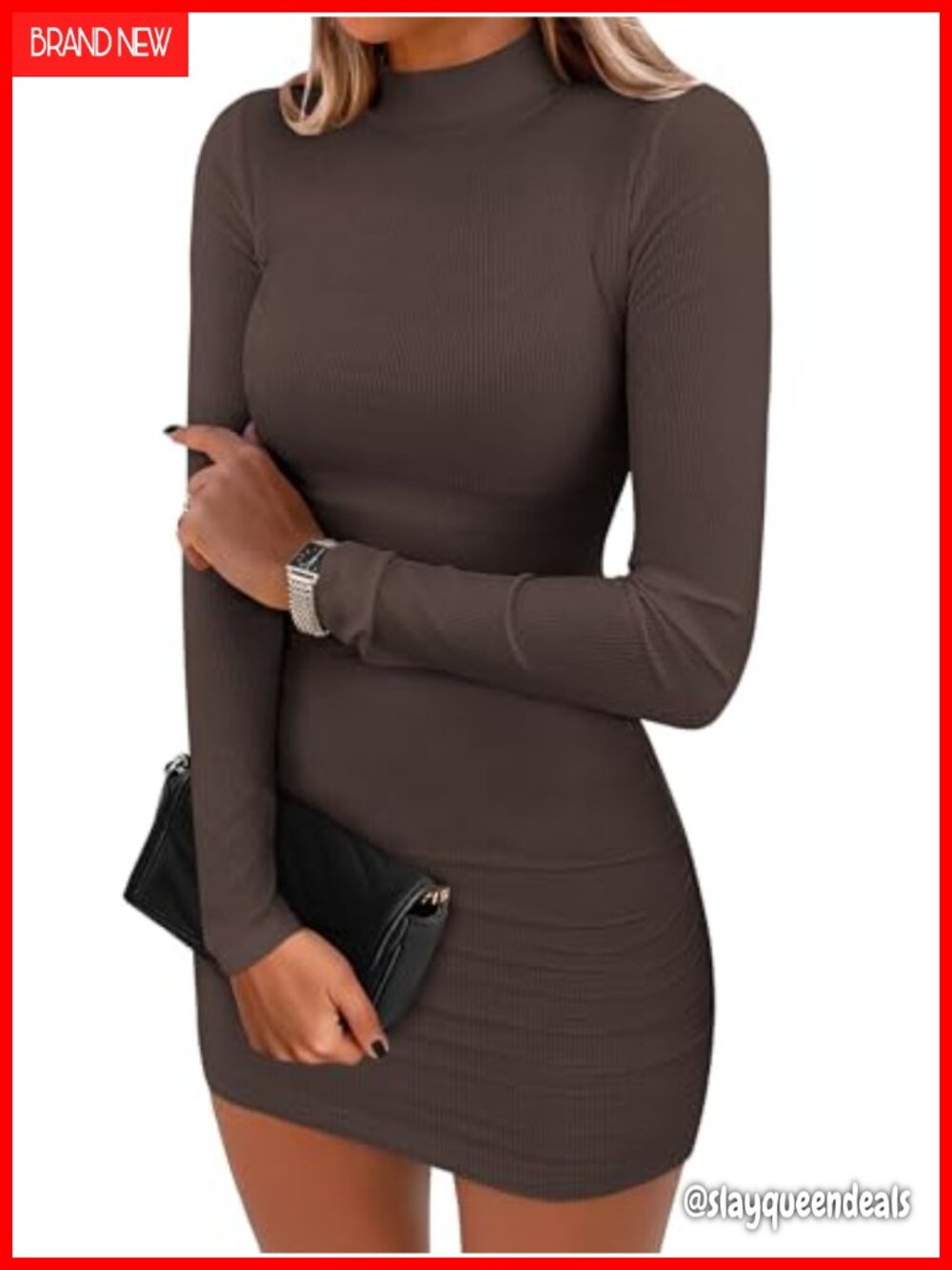 Women Ribbed Knit Mini Dress Mock Neck Long Sleeve Bodycon Slim Fit